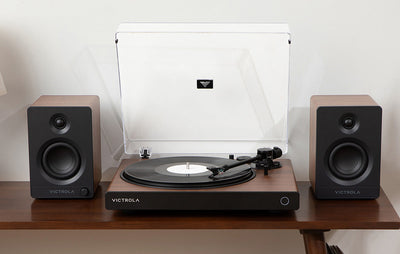 Victrola Enhances Wave Turntable and Tempo Bookshelf Speakers with New Walnut Finish