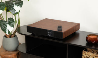 A rectangular wooden speaker or audio device with a black front grille sits on top of a dark cabinet in a styled interior. A potted plant on a wooden stool, a woven basket, and a copper bowl are visible around it against a plain light wall.