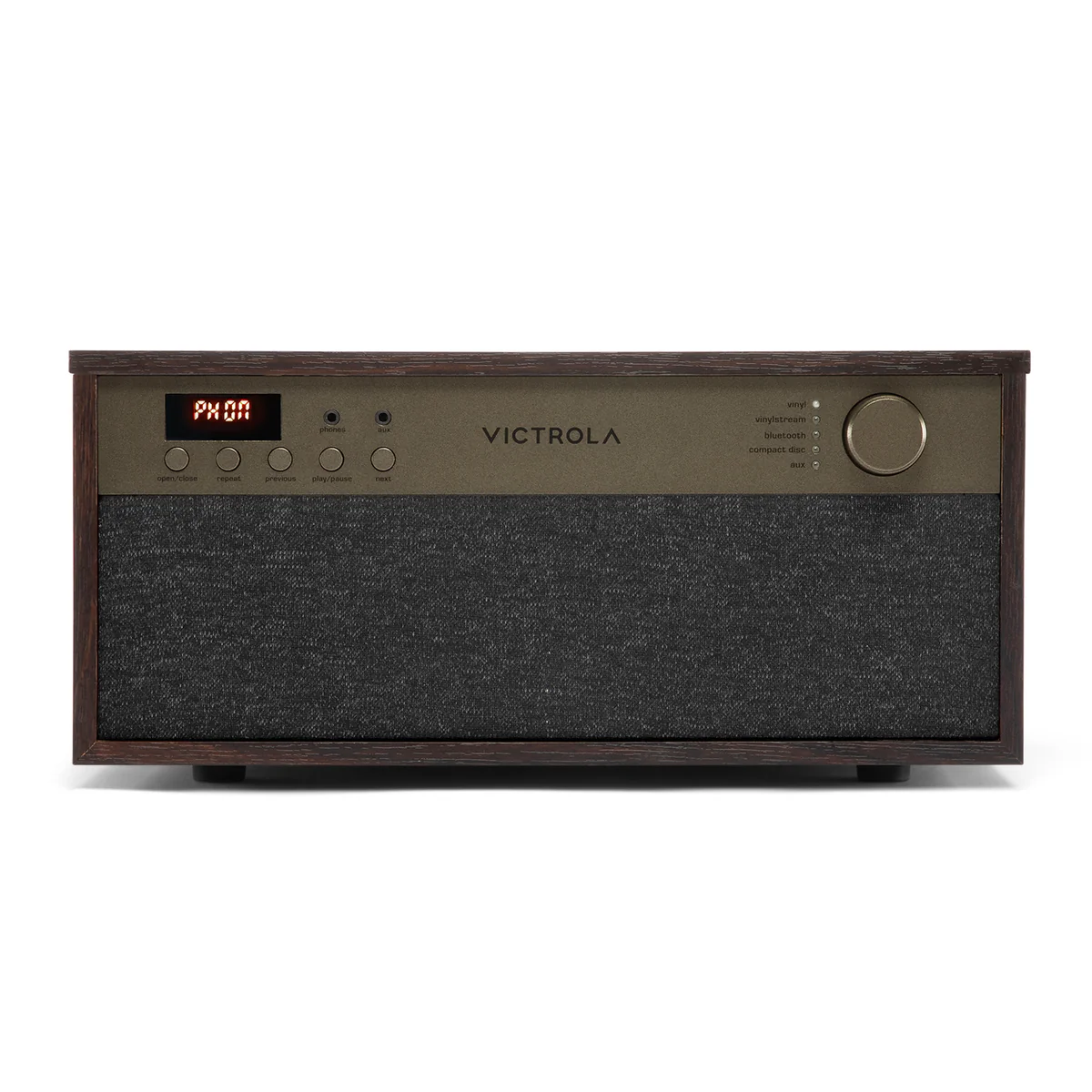Victrola audio device with wooden top and black front on a white background